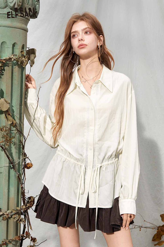 Drawstring Waist Ruffled Hem Long Sleeve Blouse