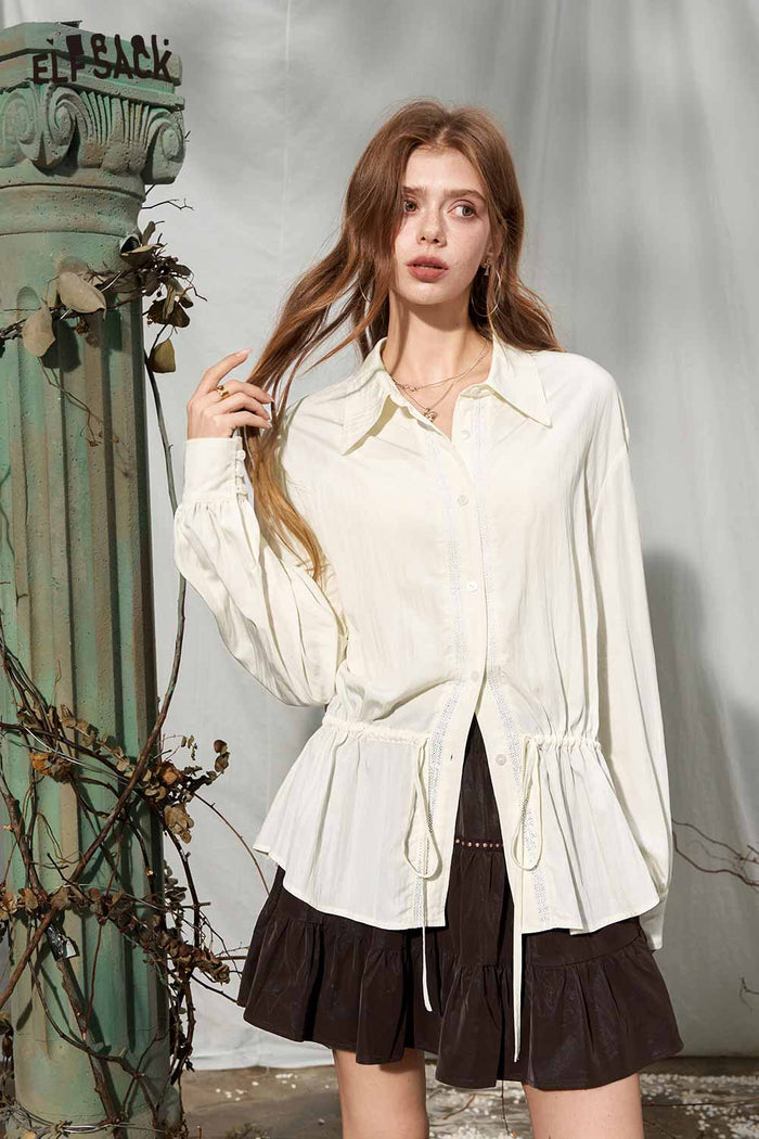 Drawstring Waist Ruffled Hem Long Sleeve Blouse