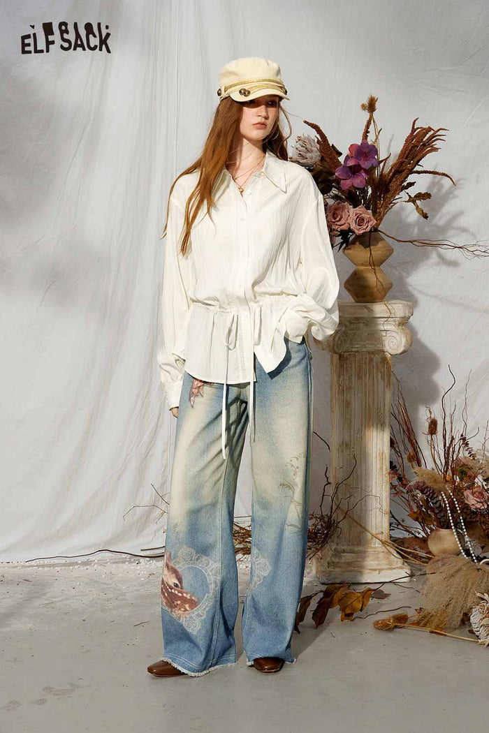 Drawstring Waist Ruffled Hem Long Sleeve Blouse