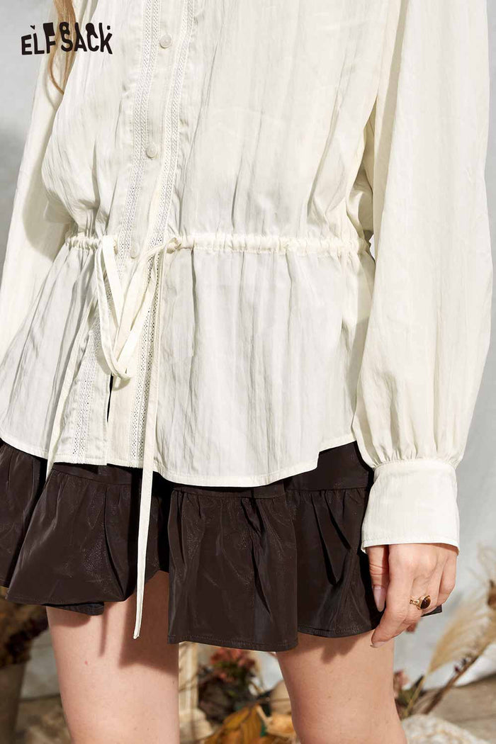 Drawstring Waist Ruffled Hem Long Sleeve Blouse