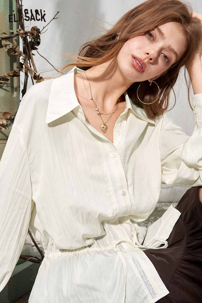 Drawstring Waist Ruffled Hem Long Sleeve Blouse
