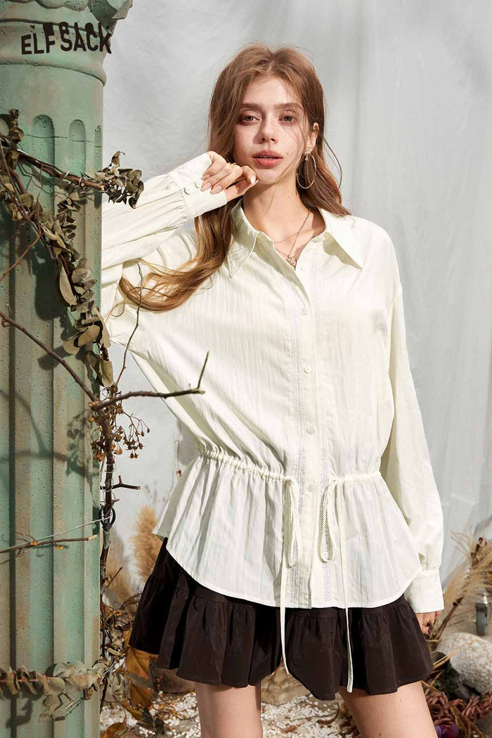 Drawstring Waist Ruffled Hem Long Sleeve Blouse