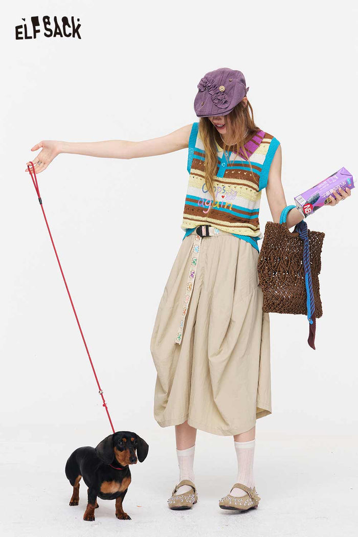 ELFSACK Elastic Waist Belted Balloon Skirt