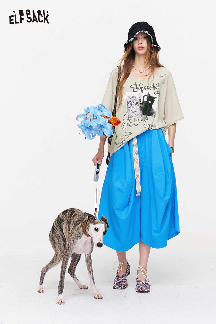 ELFSACK Elastic Waist Belted Balloon Skirt