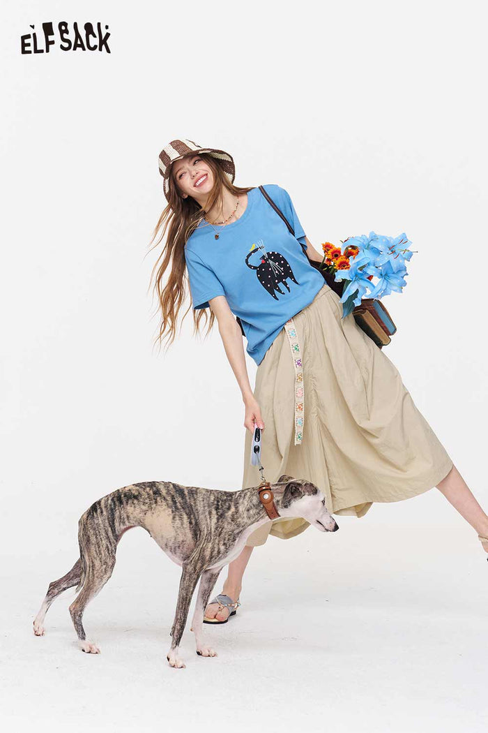 ELFSACK Elastic Waist Belted Balloon Skirt
