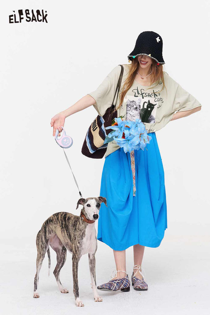 ELFSACK Elastic Waist Belted Balloon Skirt