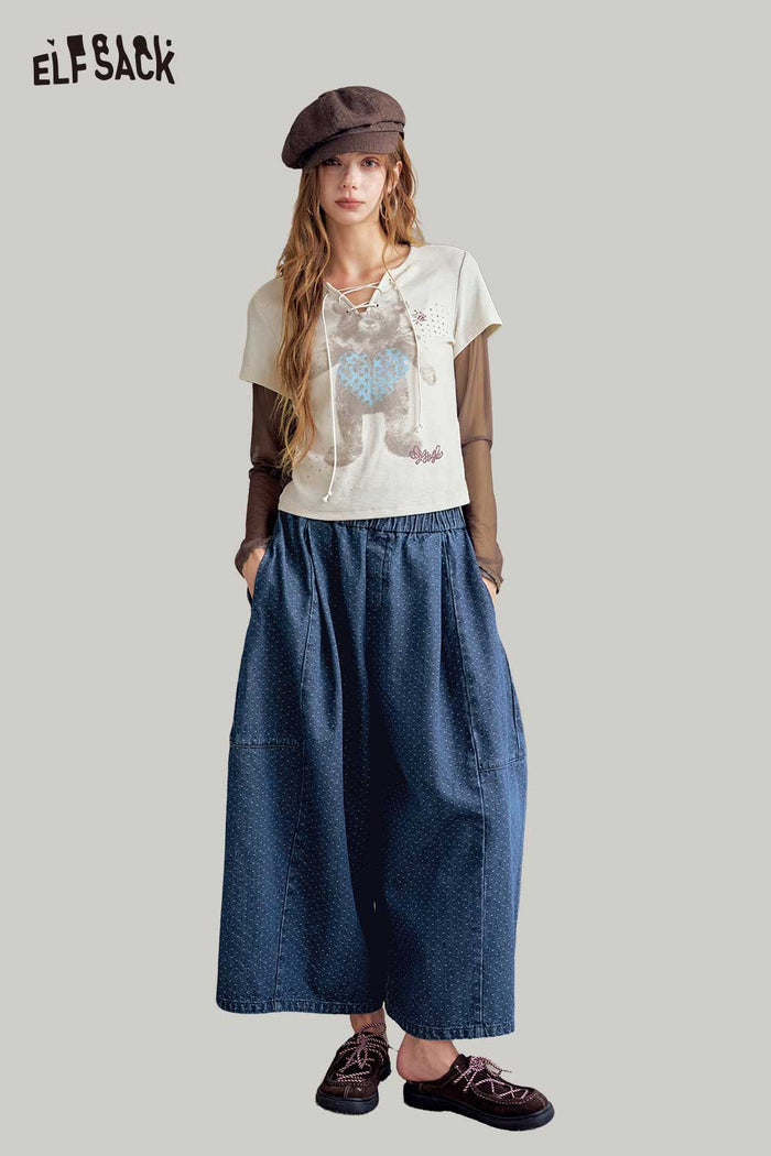 Elastic Waist Blue Midi Skirt with Drawstring