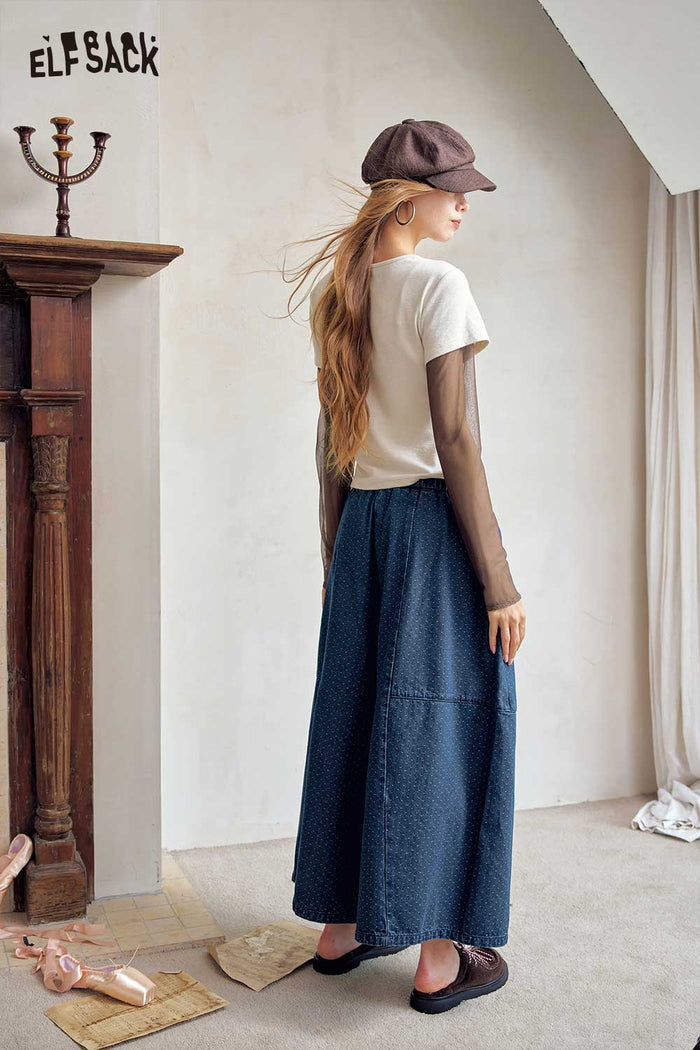 Elastic Waist Blue Midi Skirt with Drawstring