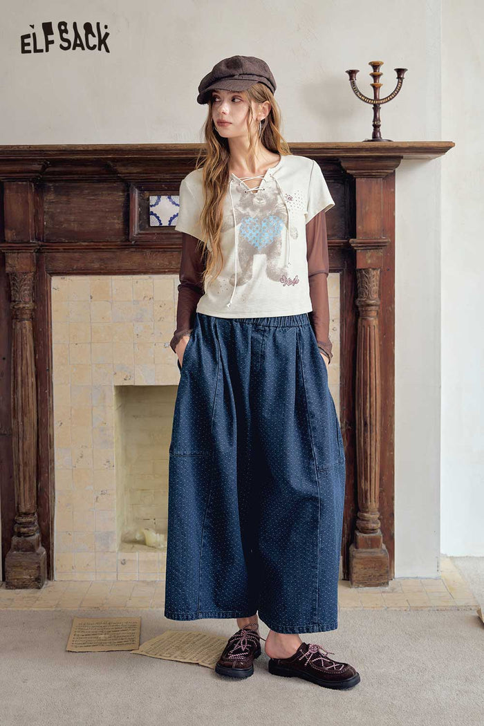 Elastic Waist Blue Midi Skirt with Drawstring