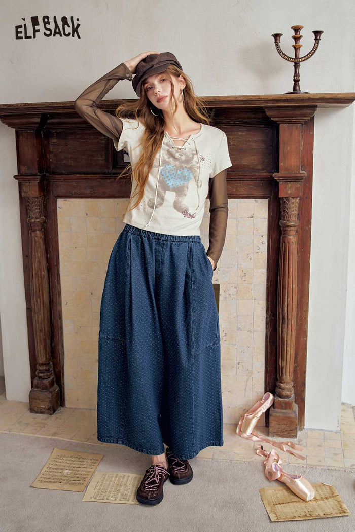 Elastic Waist Blue Midi Skirt with Drawstring