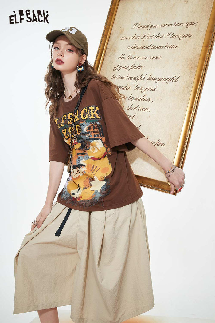 ELFSACK Elastic Waist Large Pocket Wide Leg Pants