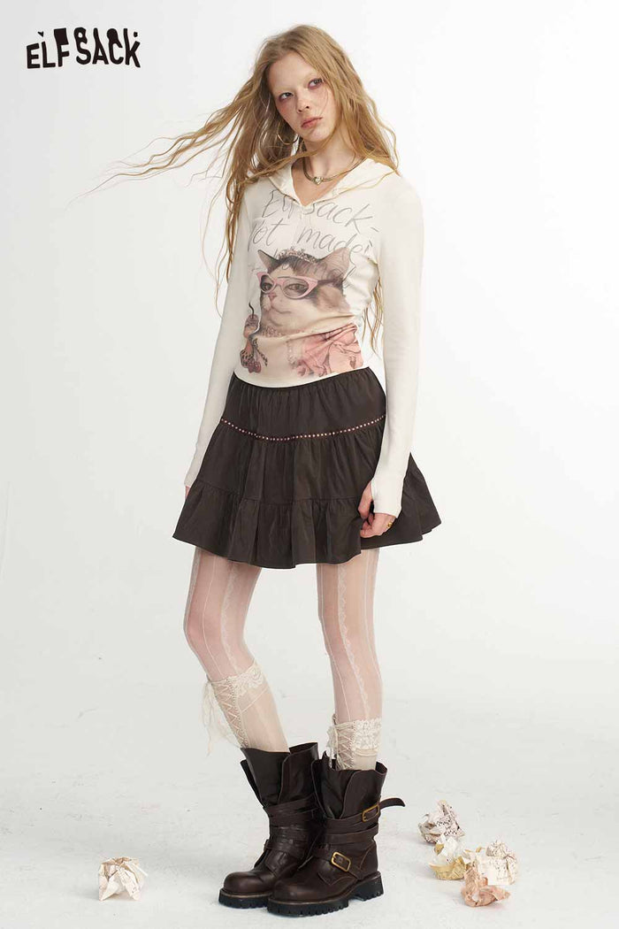 Elastic Waist Tiered Ruffled Mini Skirt with Decorative Trim