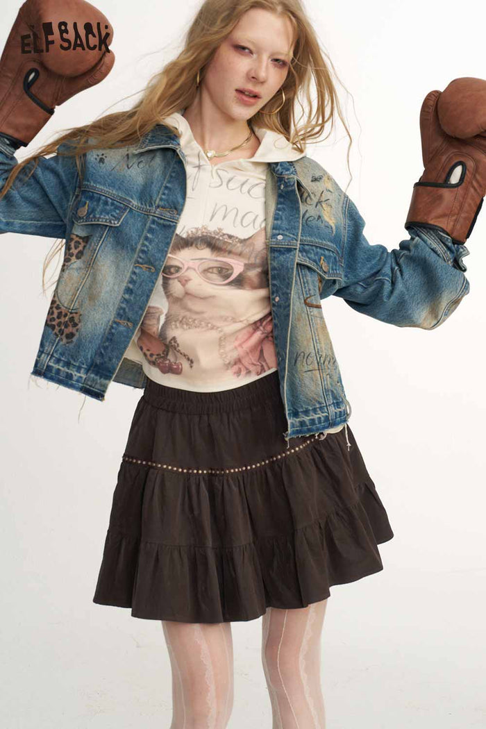 Elastic Waist Tiered Ruffled Mini Skirt with Decorative Trim