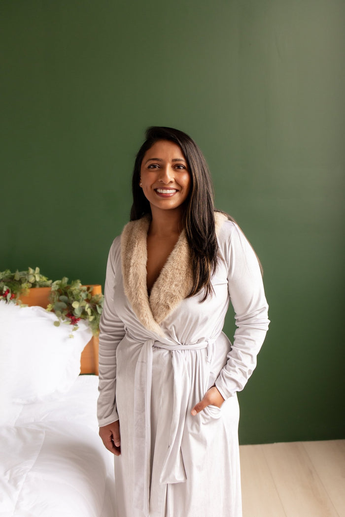 Eleanor Fur Trimmed Robe - Cafe Au Lait - Sugar Bee Clothing