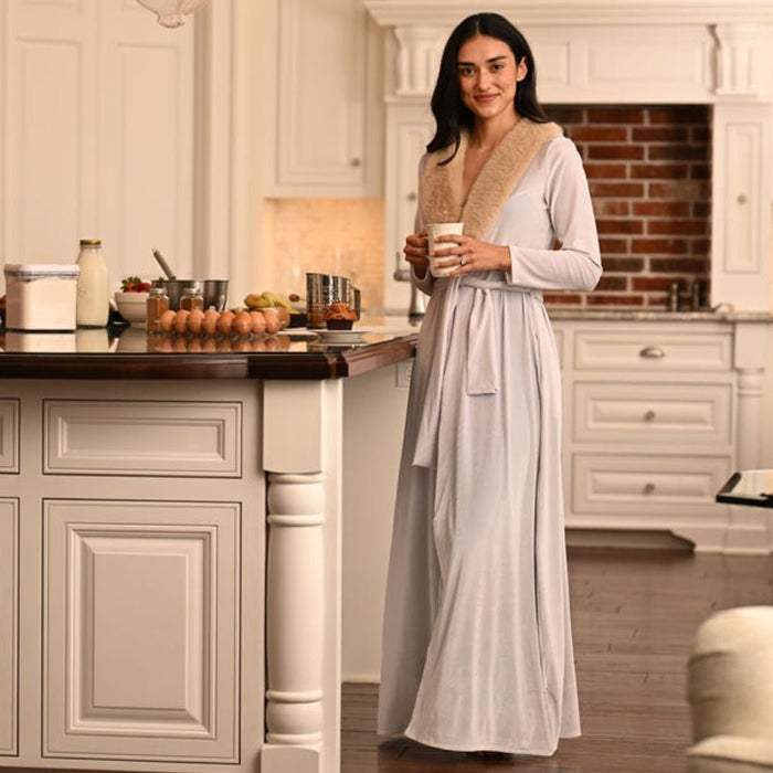 Eleanor Fur Trimmed Robe - Cafe Au Lait - Sugar Bee Clothing
