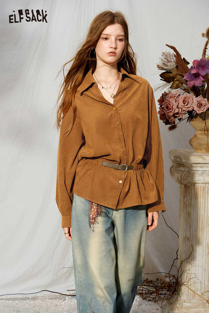 Elegant Belted Peplum Button-Up Blouse