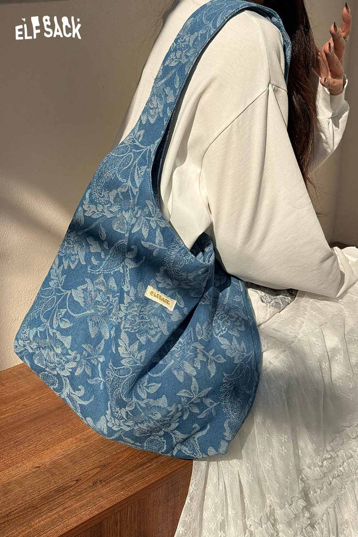 ELFSACK Elegant Casual Denim Blue Bag with Printed Pattern