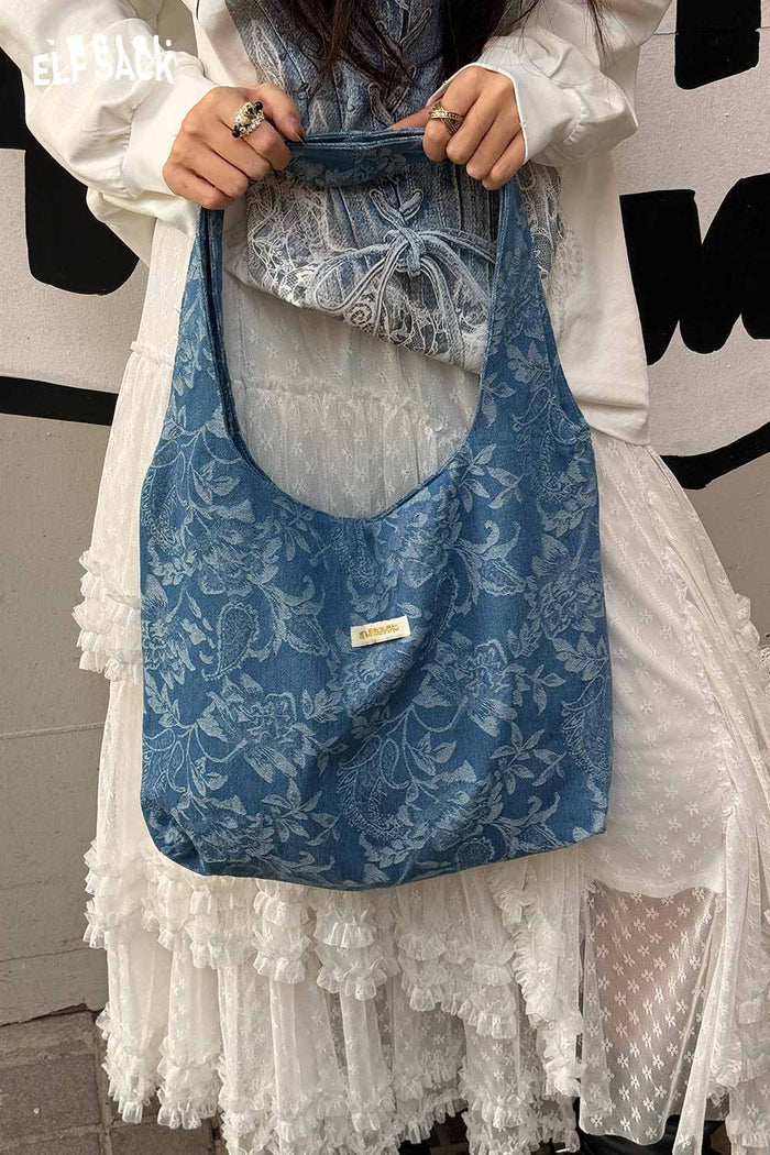 ELFSACK Elegant Casual Denim Blue Bag with Printed Pattern