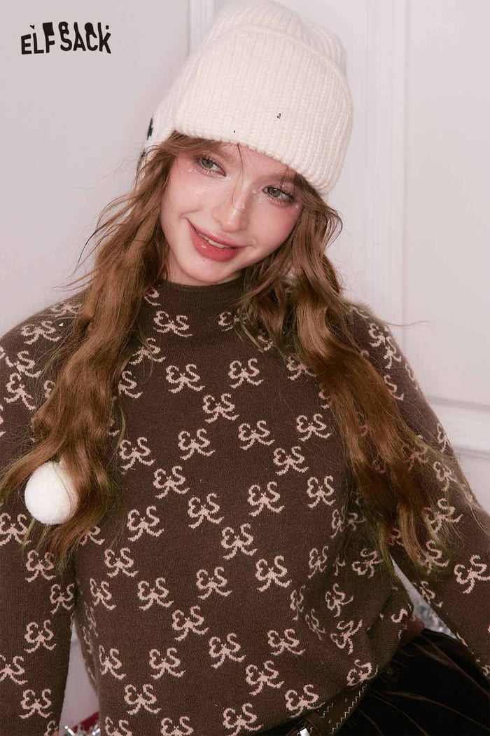 ELFSACK Elegant Classic Bow Print Half Neck Slimming Layering Knitwear