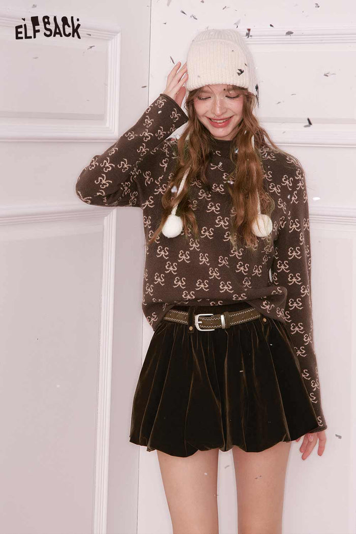 ELFSACK Elegant Classic Bow Print Half Neck Slimming Layering Knitwear