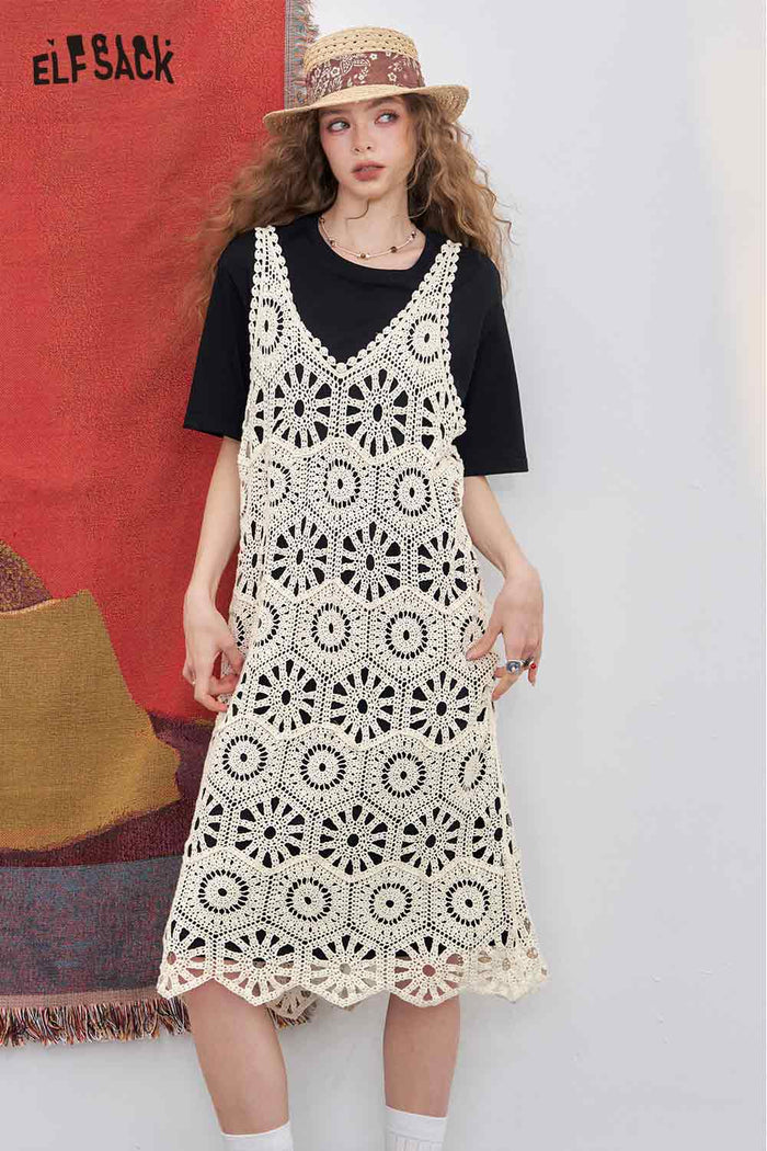 ELFSACK Elegant Cutout Lace Patchwork Tshirt Fake Two Piece Dress
