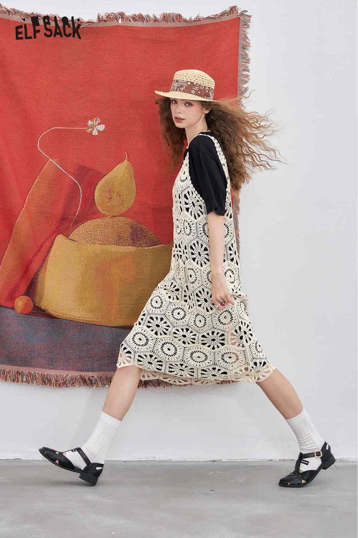 ELFSACK Elegant Cutout Lace Patchwork Tshirt Fake Two Piece Dress