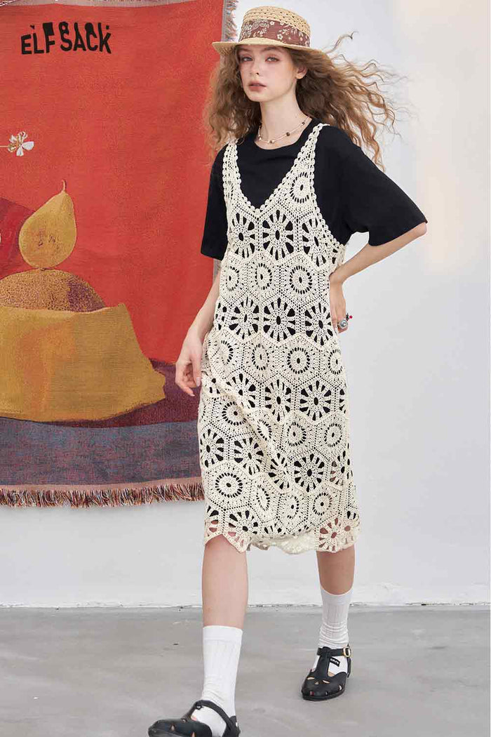 ELFSACK Elegant Cutout Lace Patchwork Tshirt Fake Two Piece Dress