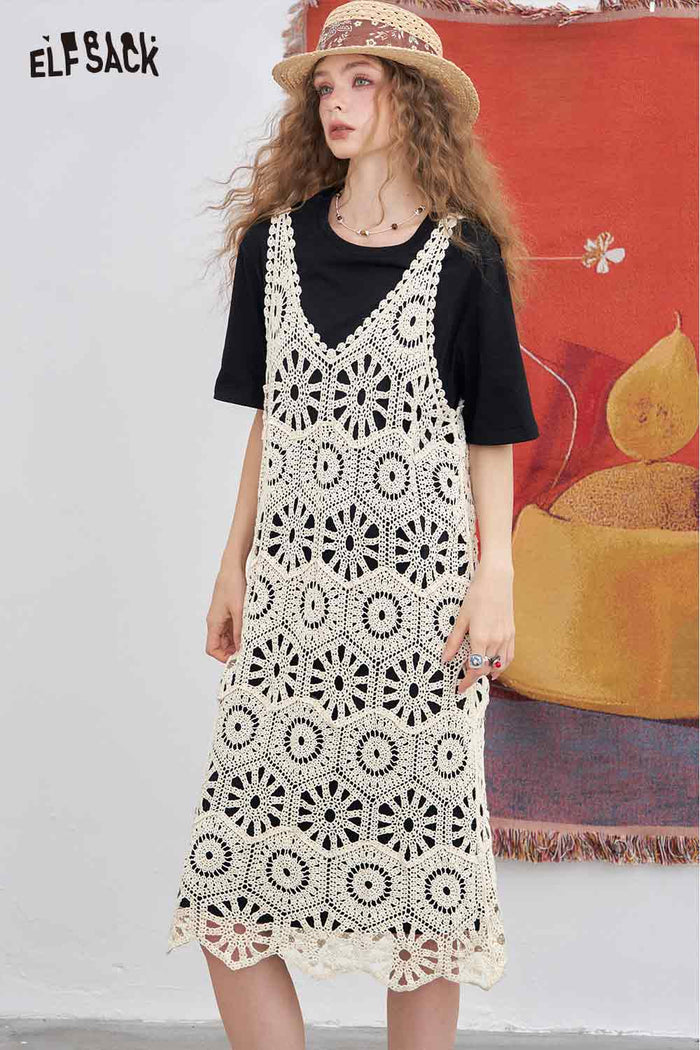 ELFSACK Elegant Cutout Lace Patchwork Tshirt Fake Two Piece Dress
