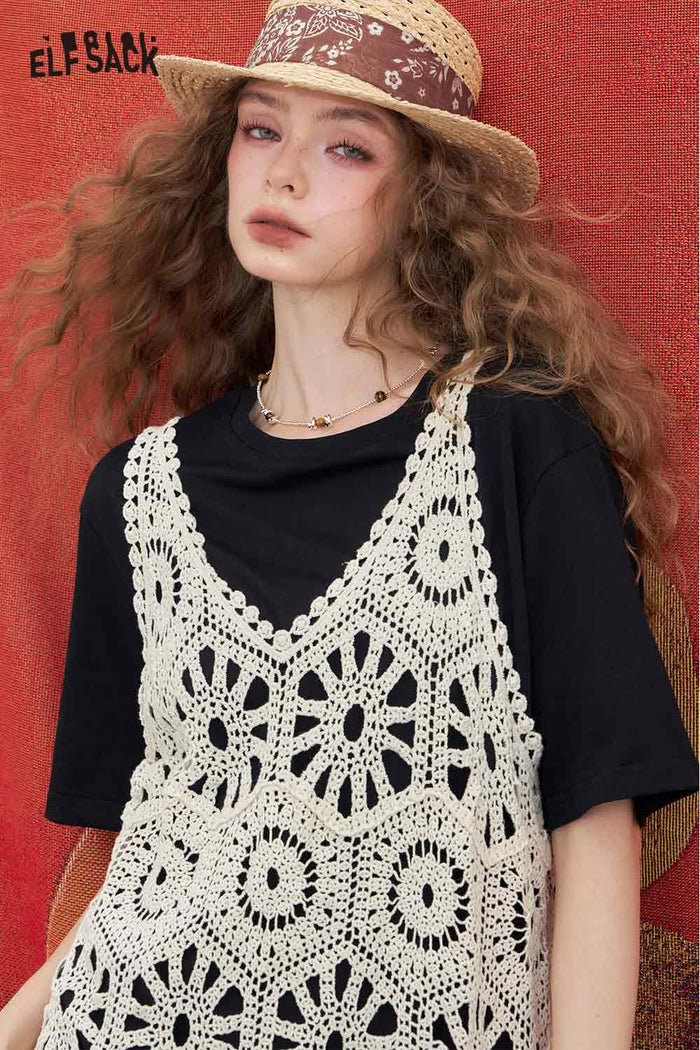 ELFSACK Elegant Cutout Lace Patchwork Tshirt Fake Two Piece Dress
