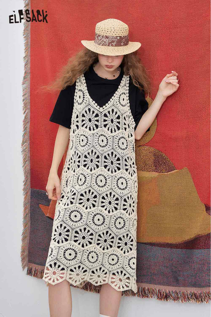 ELFSACK Elegant Cutout Lace Patchwork Tshirt Fake Two Piece Dress