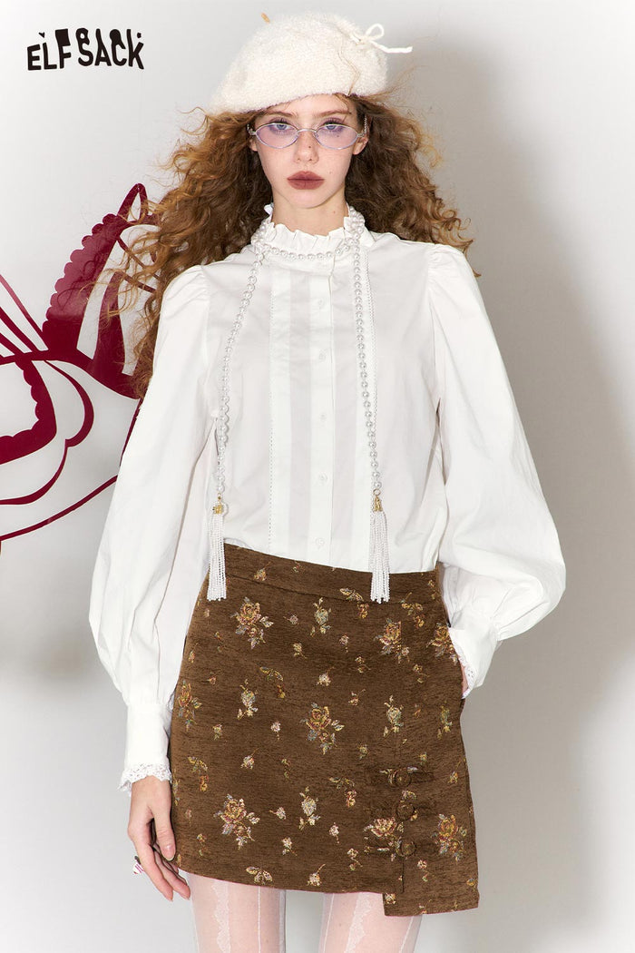 ELFSACK Elegant Ruffle Collar Lace Cuff White Shirt