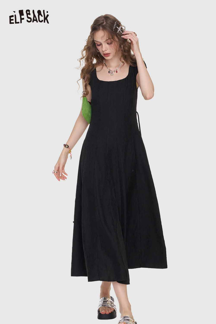 ELFSACK Elegant Square Neck Slim Fit Solid Pleated Midi Dress