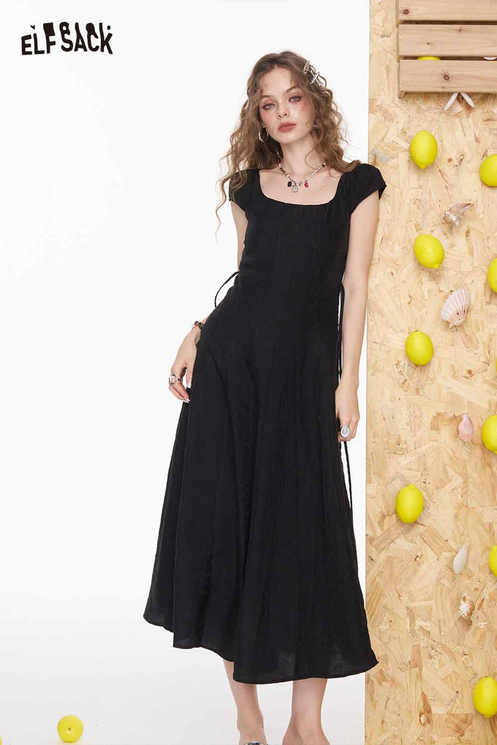 ELFSACK Elegant Square Neck Slim Fit Solid Pleated Midi Dress