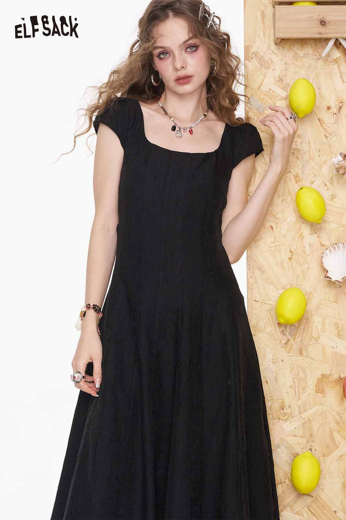 ELFSACK Elegant Square Neck Slim Fit Solid Pleated Midi Dress
