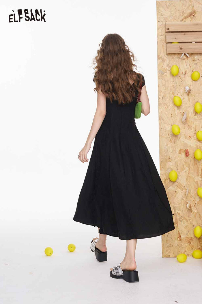 ELFSACK Elegant Square Neck Slim Fit Solid Pleated Midi Dress