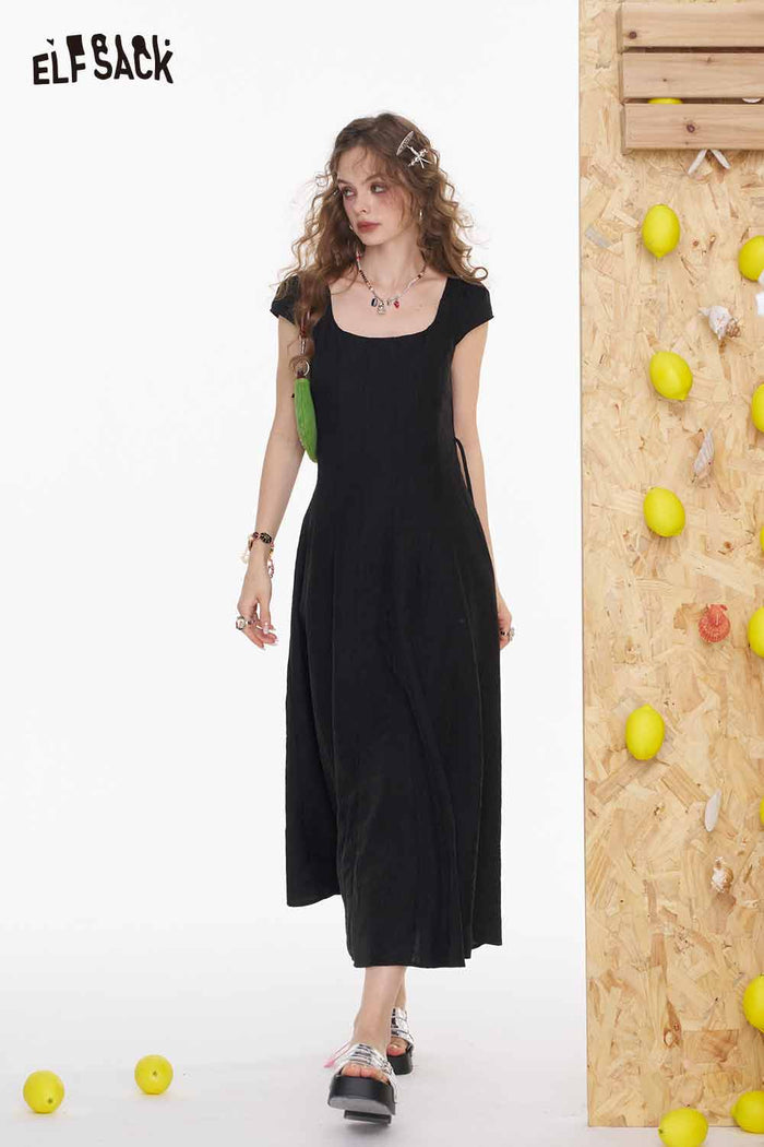 ELFSACK Elegant Square Neck Slim Fit Solid Pleated Midi Dress