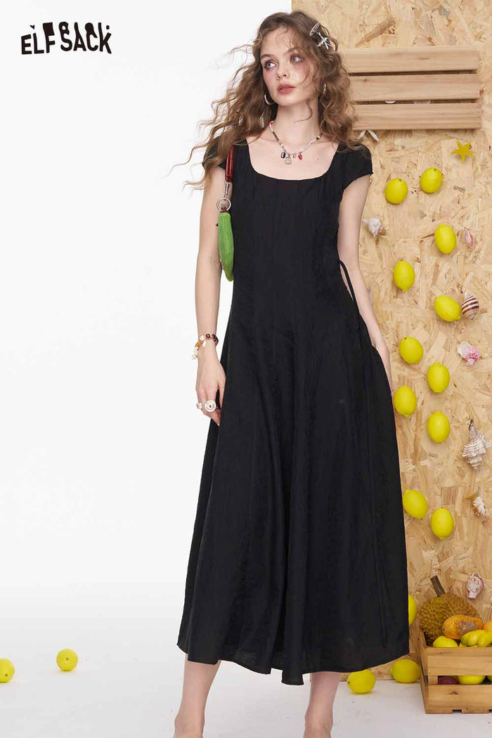 ELFSACK Elegant Square Neck Slim Fit Solid Pleated Midi Dress