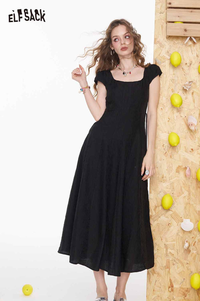 ELFSACK Elegant Square Neck Slim Fit Solid Pleated Midi Dress