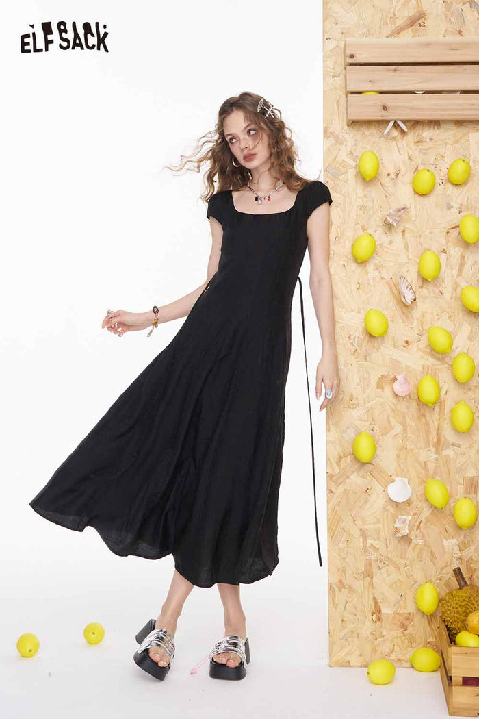 ELFSACK Elegant Square Neck Slim Fit Solid Pleated Midi Dress
