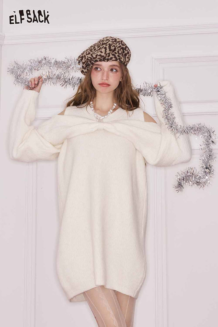 ELFSACK Elegant Sweet Cute Neckline Heart Embellishment Off Shoulder Dress