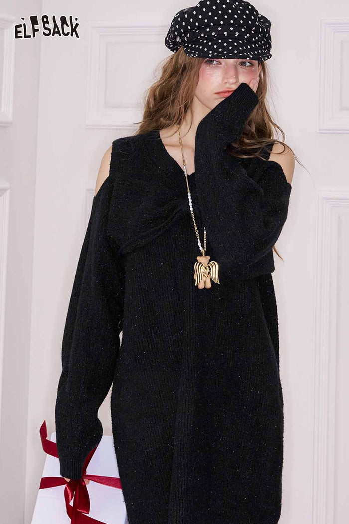 ELFSACK Elegant Sweet Cute Neckline Heart Embellishment Off Shoulder Dress