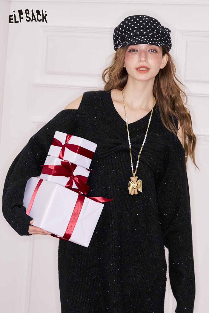 ELFSACK Elegant Sweet Cute Neckline Heart Embellishment Off Shoulder Dress