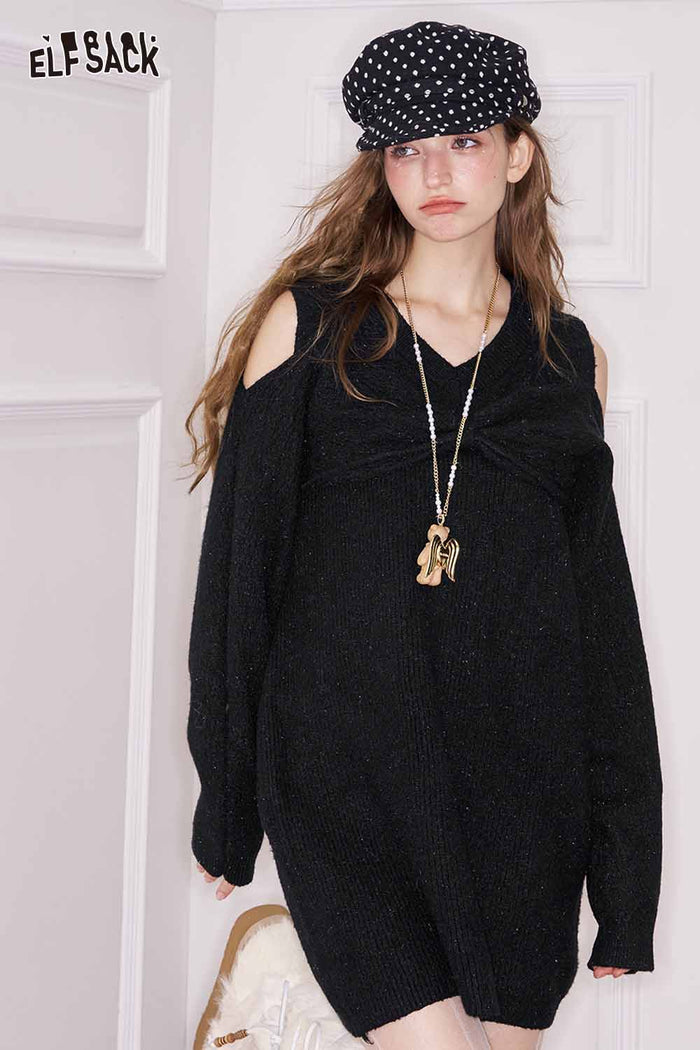 ELFSACK Elegant Sweet Cute Neckline Heart Embellishment Off Shoulder Dress