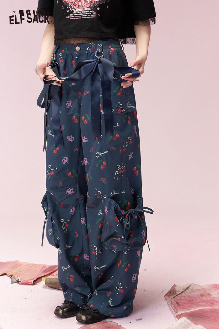 ELFSACK Elegant Sweet Ribbon Detail Cargo Wide Leg Pants