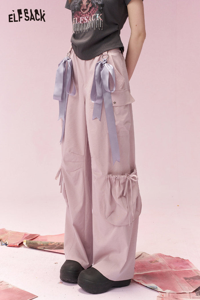 ELFSACK Elegant Sweet Ribbon Detail Cargo Wide Leg Pants
