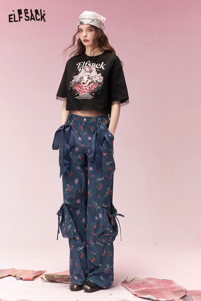 ELFSACK Elegant Sweet Ribbon Detail Cargo Wide Leg Pants