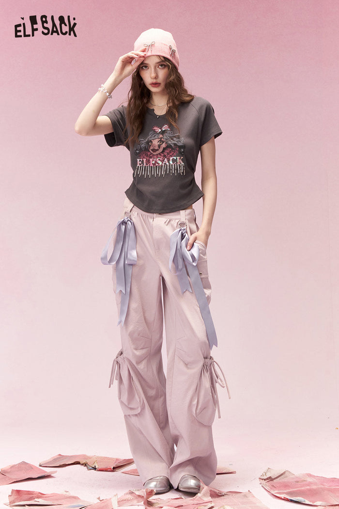 ELFSACK Elegant Sweet Ribbon Detail Cargo Wide Leg Pants