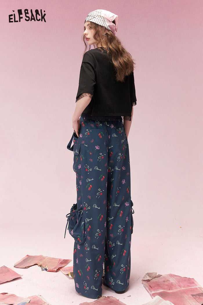 ELFSACK Elegant Sweet Ribbon Detail Cargo Wide Leg Pants