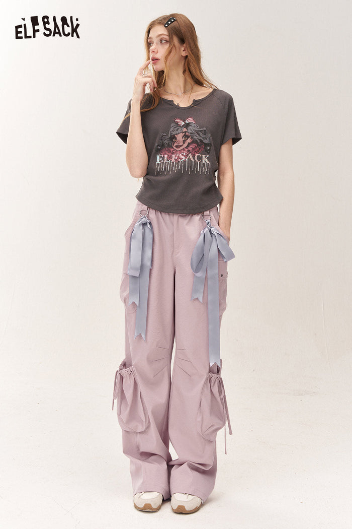 ELFSACK Elegant Sweet Ribbon Detail Cargo Wide Leg Pants