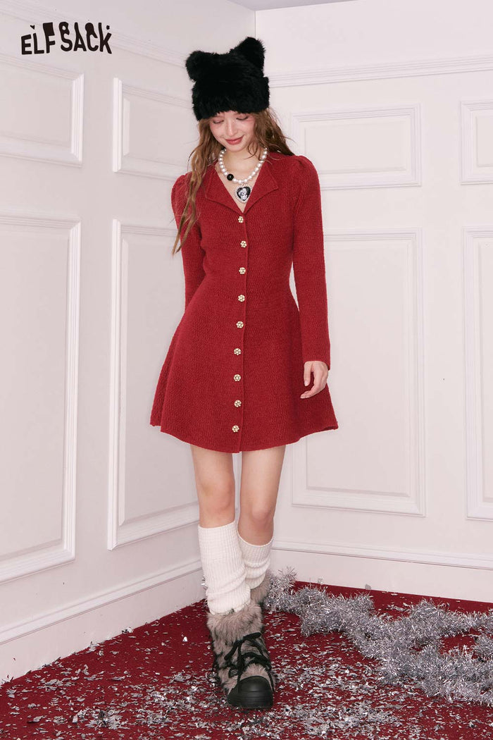 ELFSACK Elegant Sweet Single Breasted Gold Button Lapel Slimming Dress